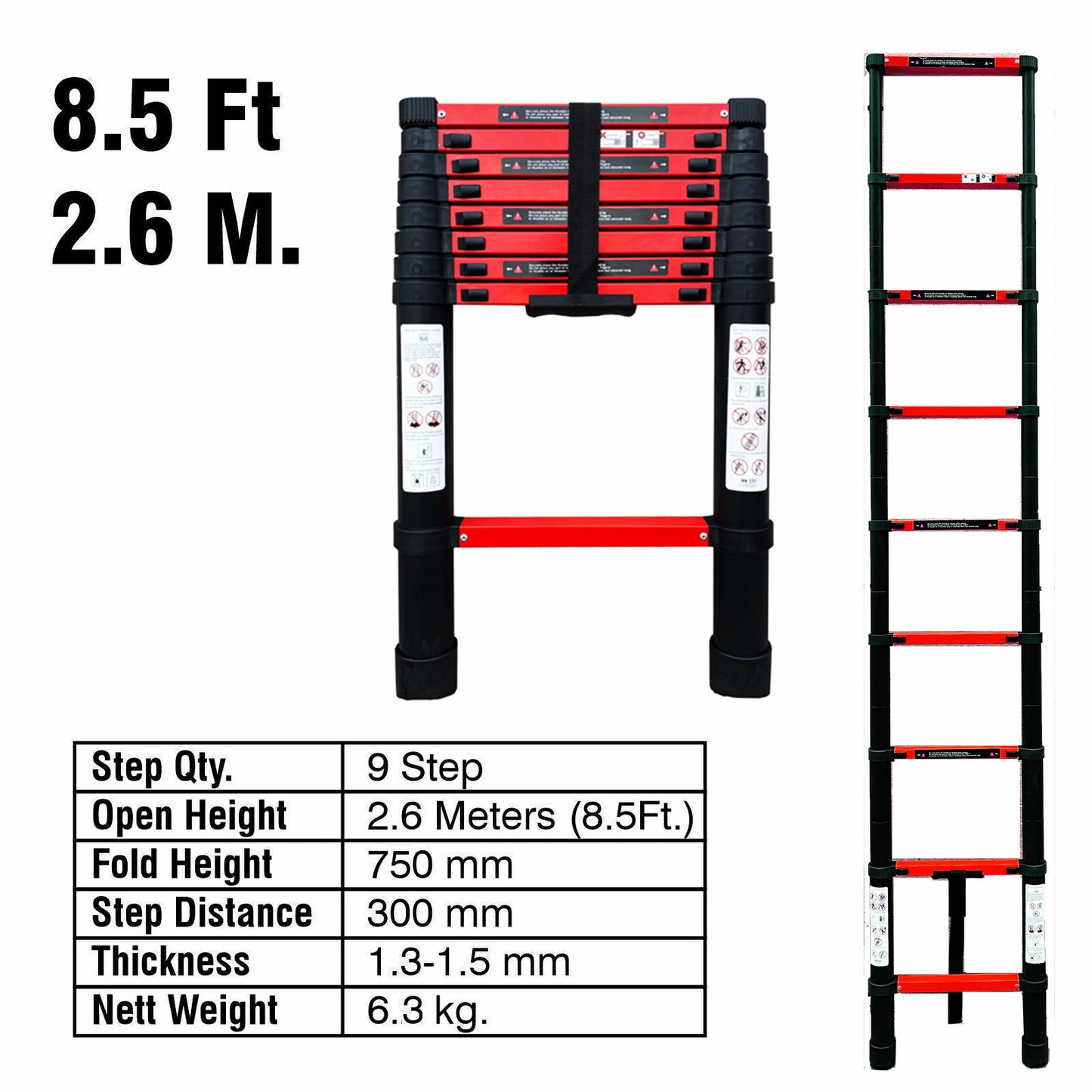 2.6M Single Telescopic Ladders(Black With Red)