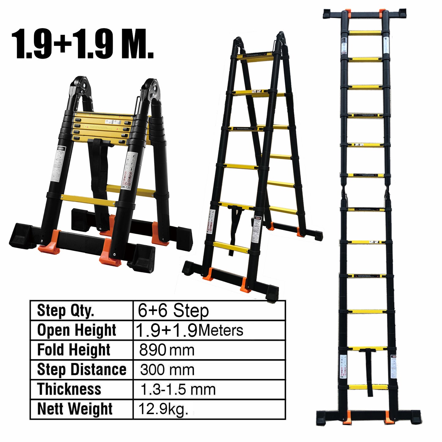 1.9M+1.9M Multi-Purpose Telescopic Ladder(Black With Yellow)
