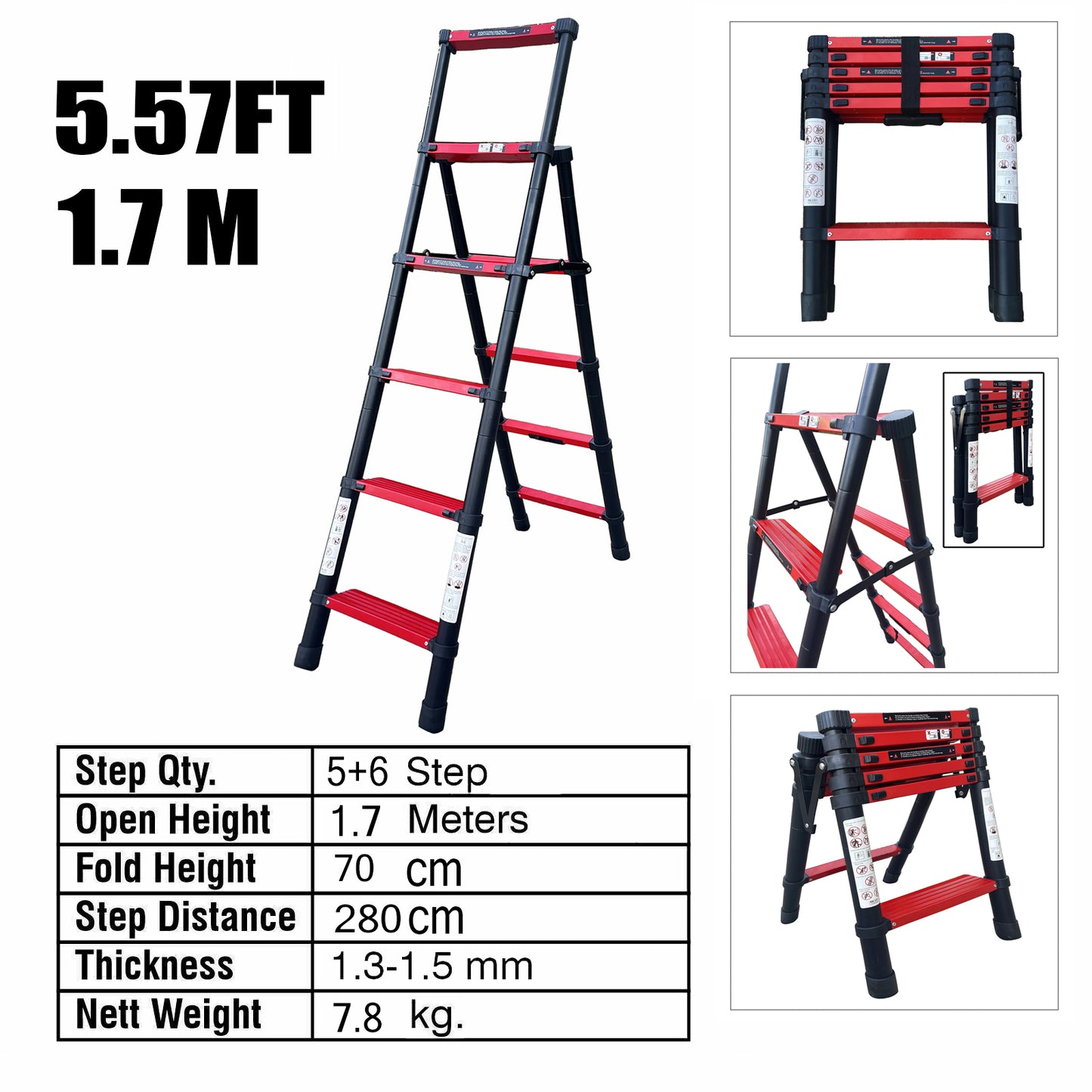 5+6 Step Double Side Telescopic Ladder (Black With Red)