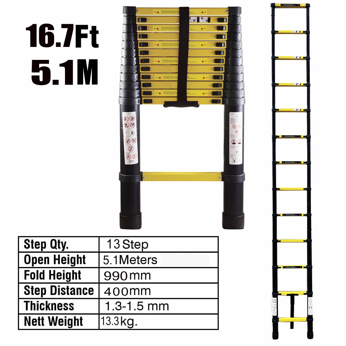 5.1M Single Telescopic Ladders(Black With Yellow)
