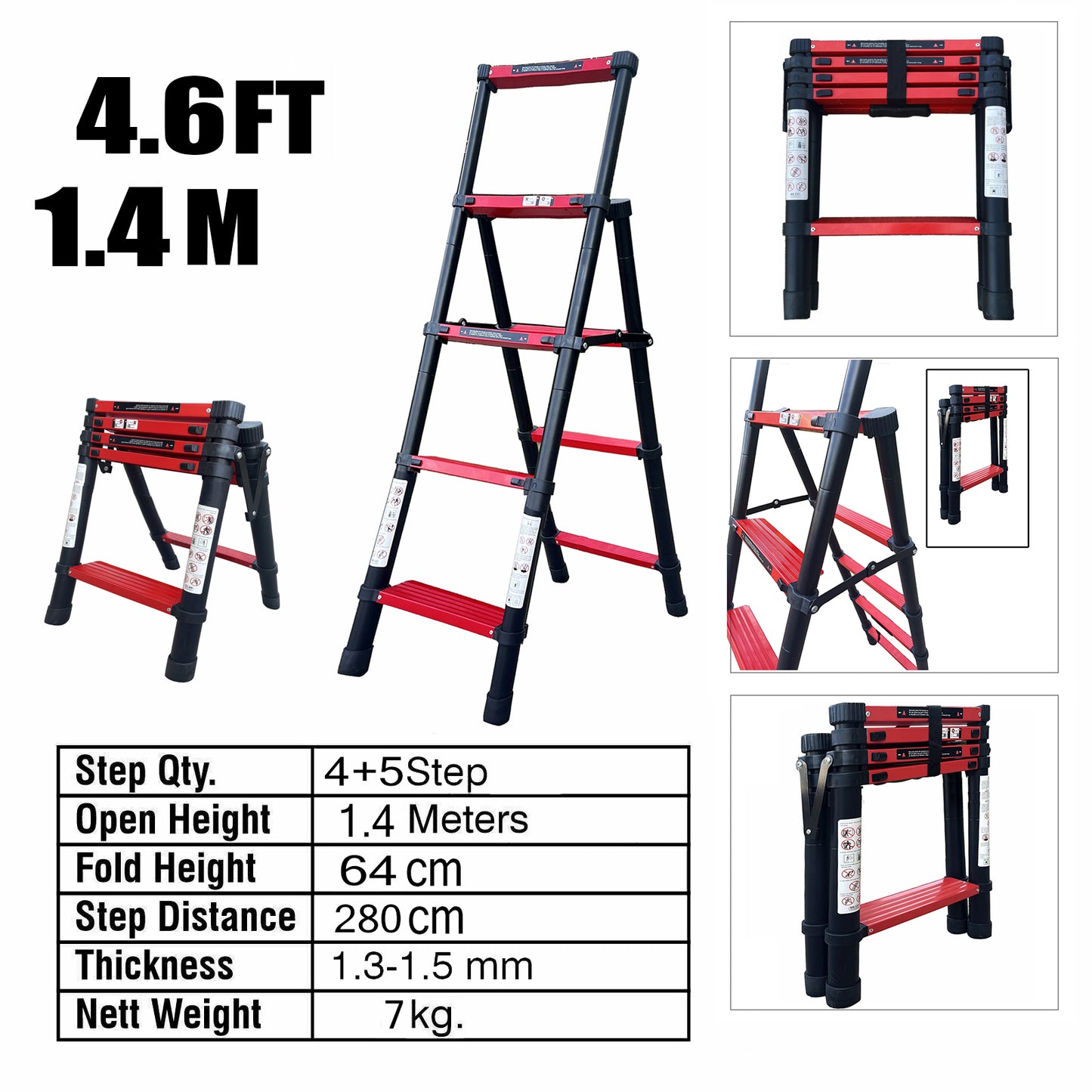 1.4M 4+5Step Double Side Telescopic Ladder (Black With Red)
