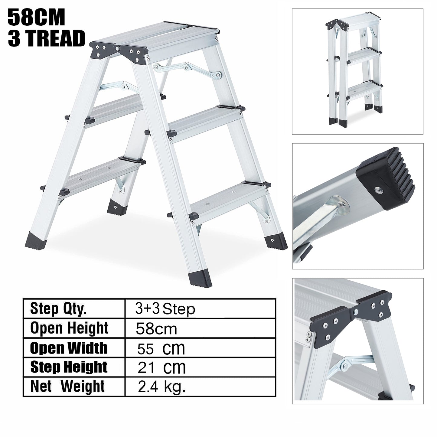 Aluminum Double 3 Step Ladder (Silver)