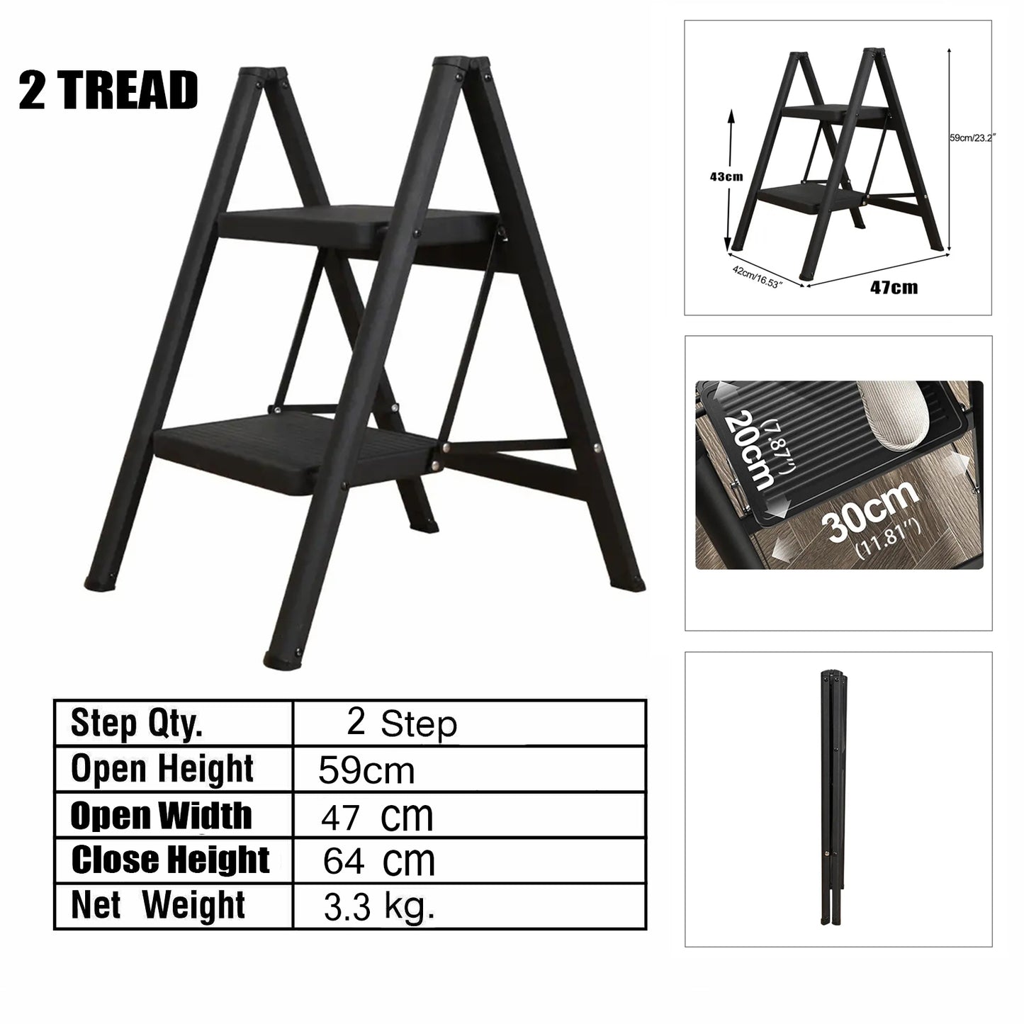 2 Step Ladder Folding Step Stool(Black)