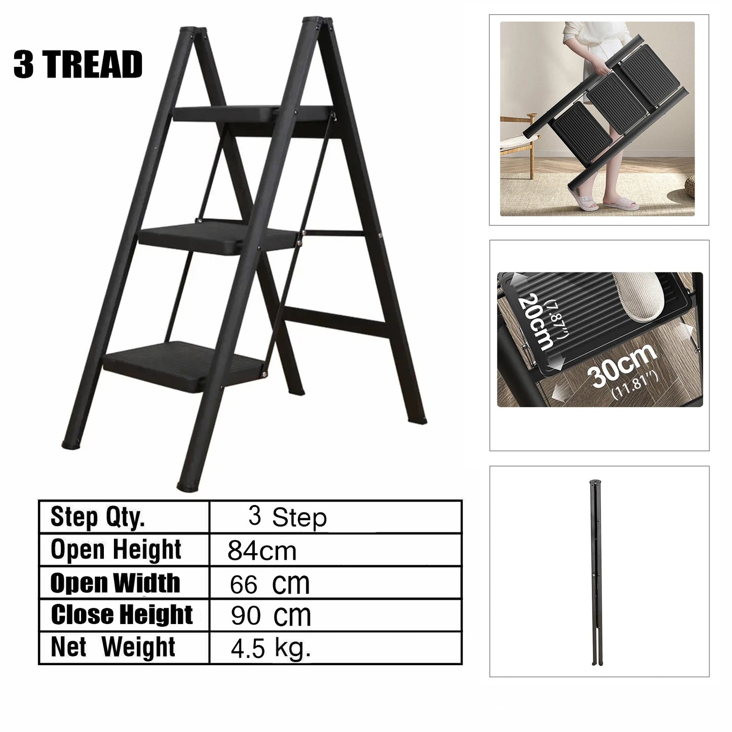 3 Step Ladder Folding Step Stool(Black)