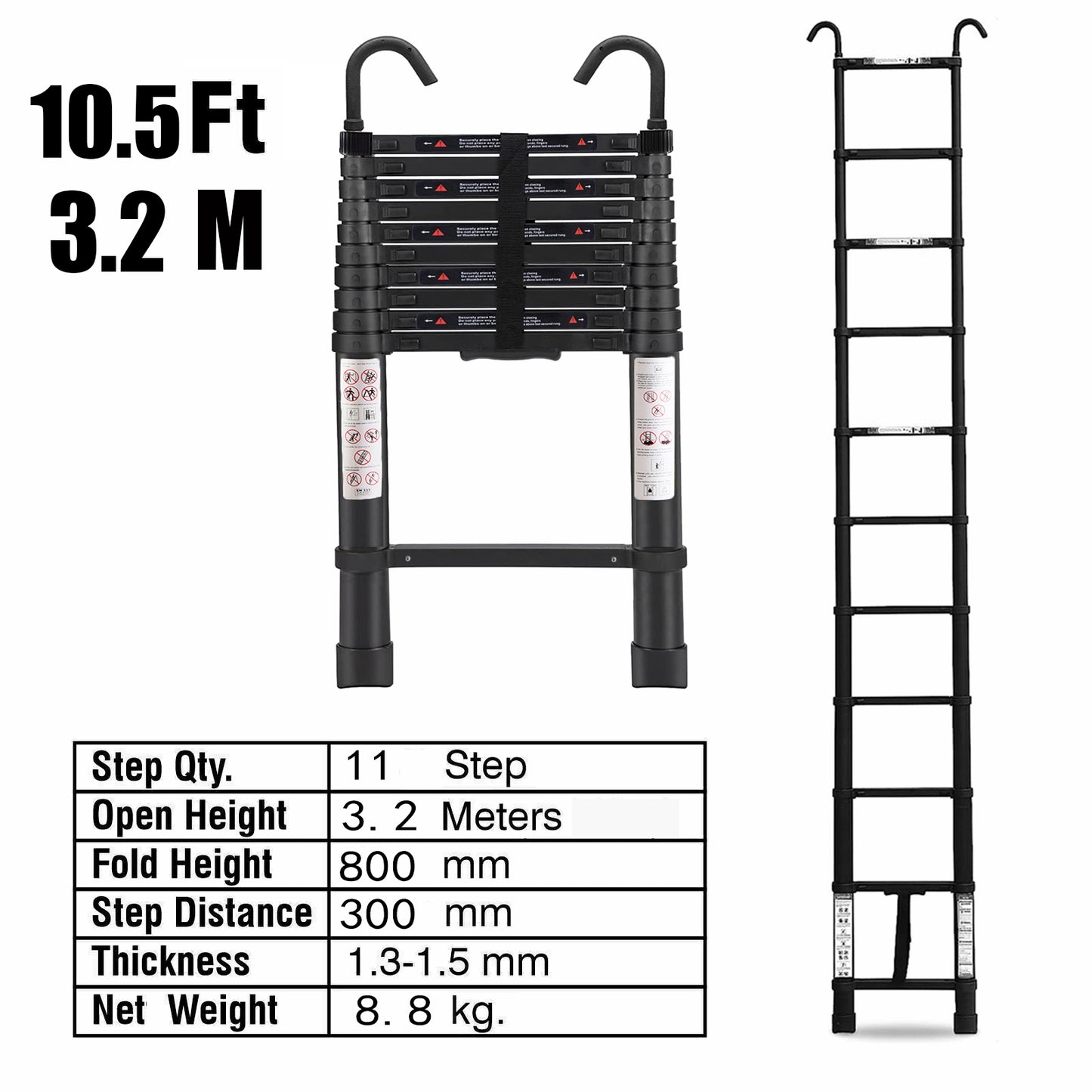 3.2M Single Telescopic Ladders With Hook(Black)