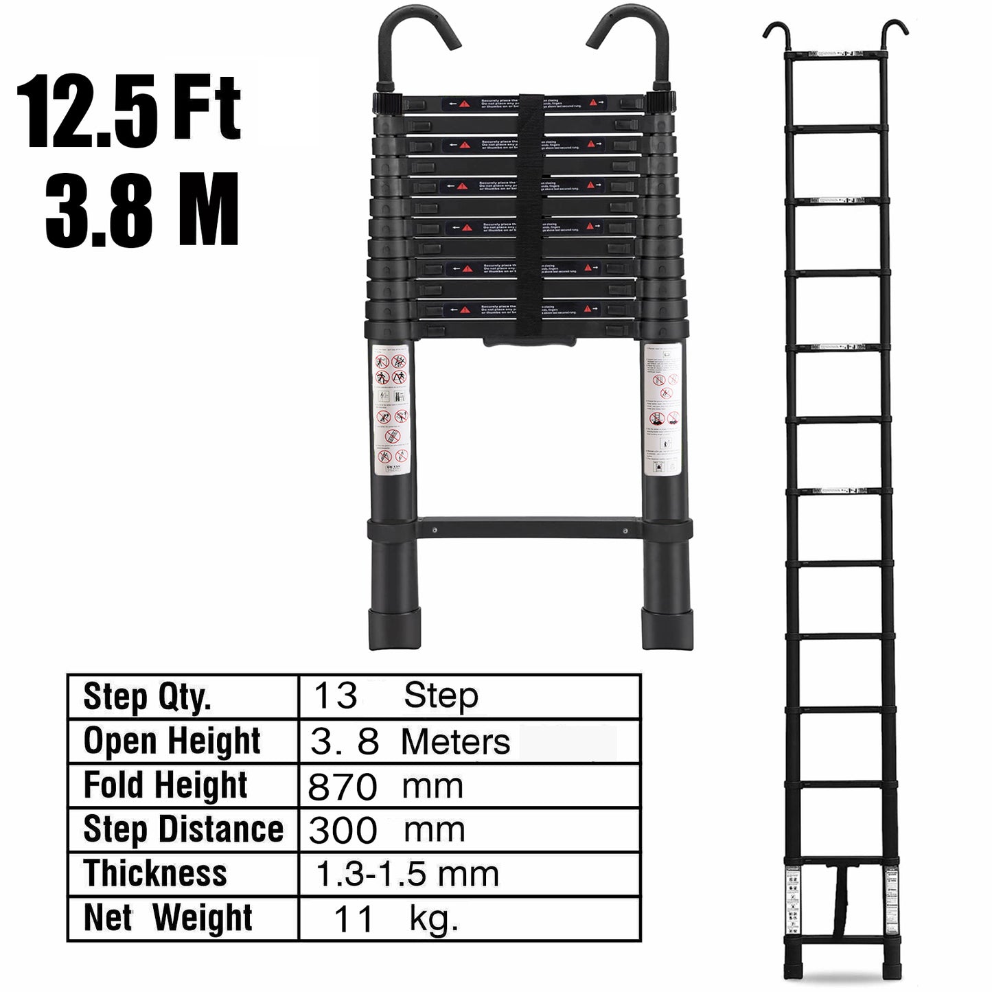 3.8M Single Telescopic Ladders With Hook(Black)