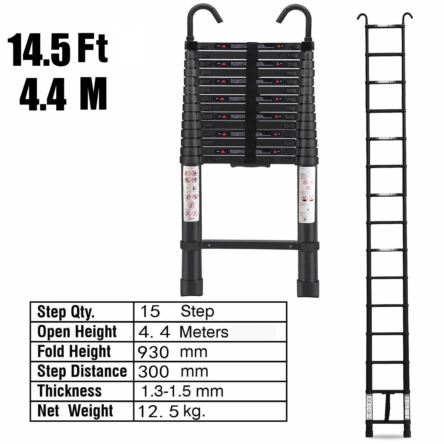 4.4M Single Telescopic Ladders With Hook(Black)