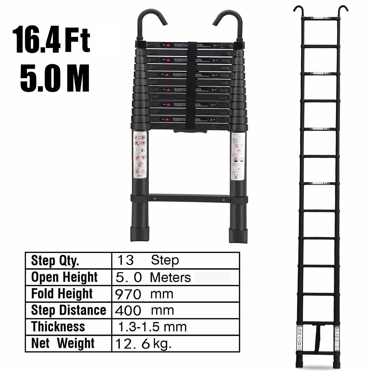 5.0M Single Telescopic Ladders With Hook(Black)