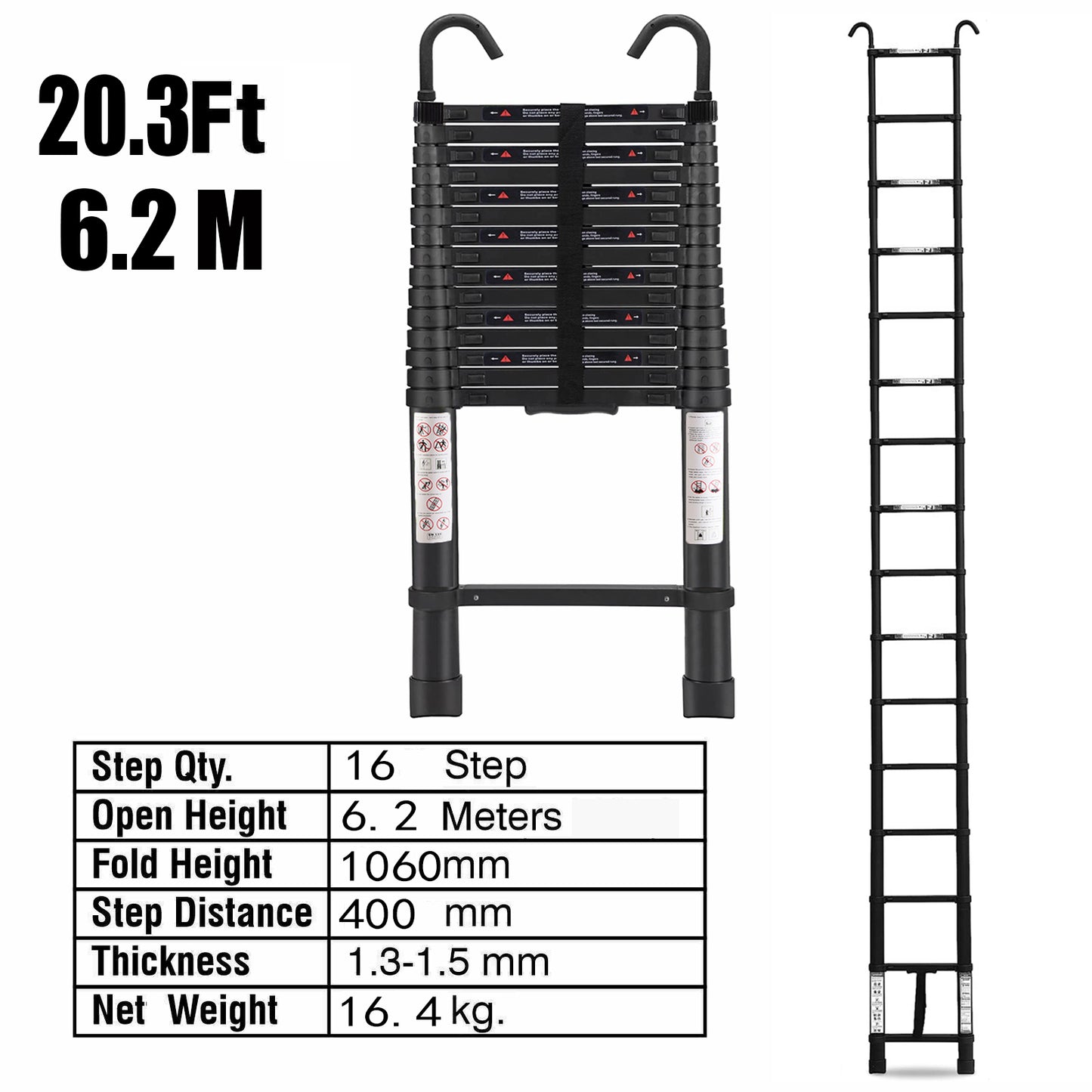 6.2M Single Telescopic Ladders With Hook(Black)