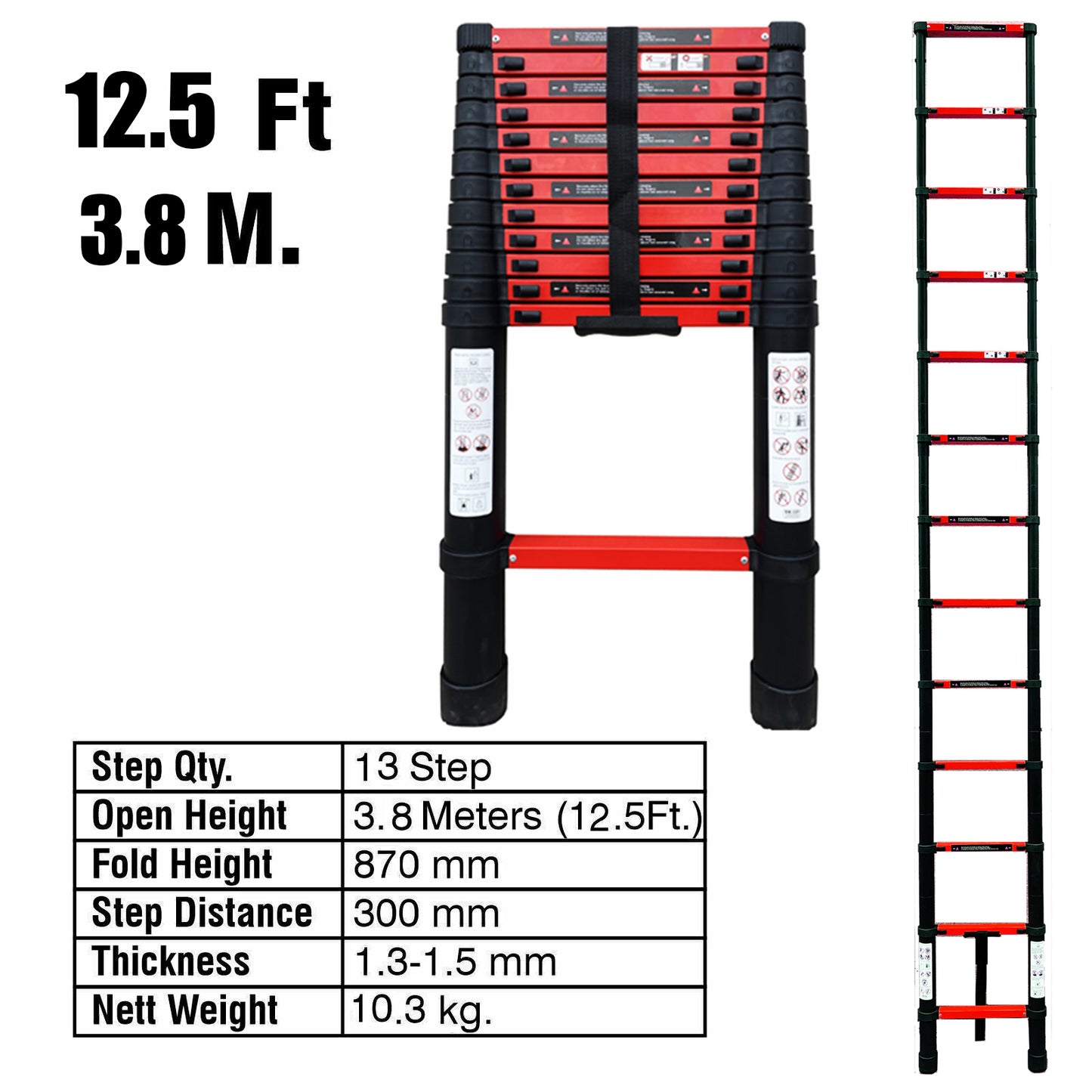 3.8M Single Telescopic Ladders(Black With Red)
