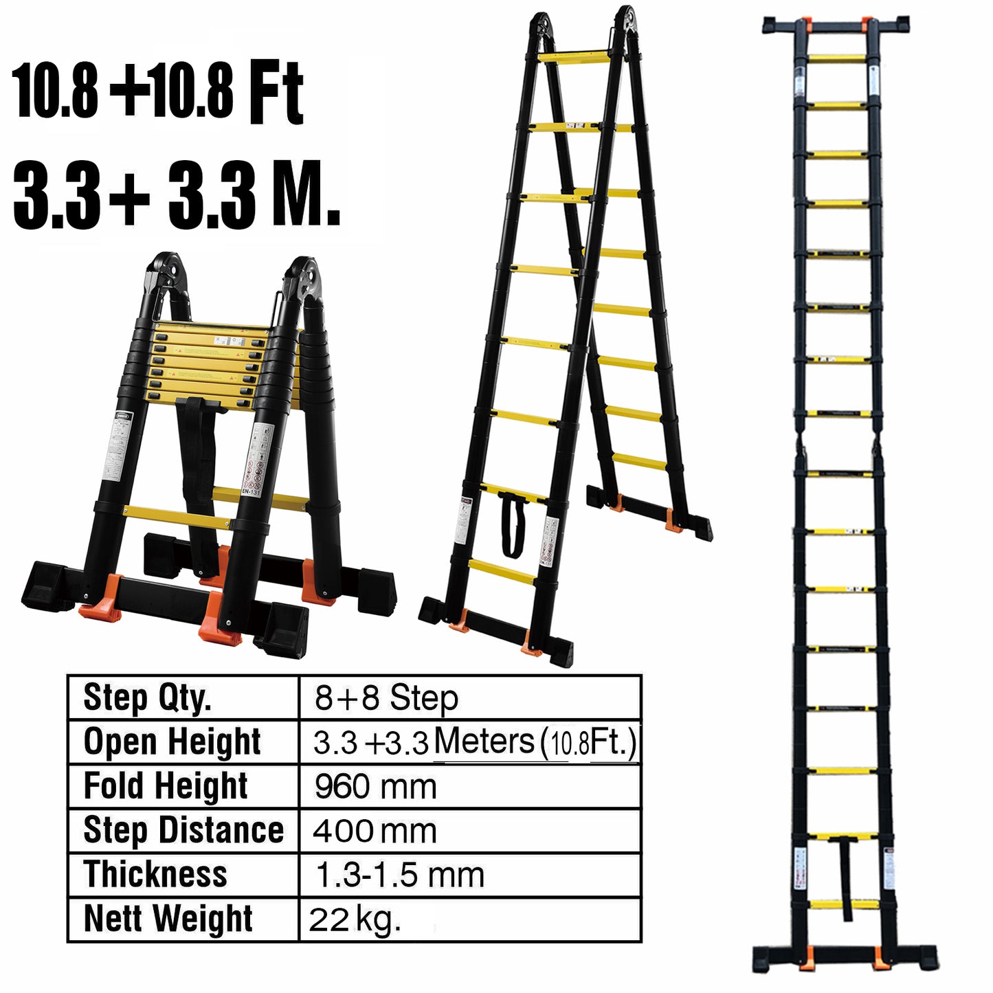 3.3M+3.3M Multi-Purpose Telescopic Ladder(Black With Yellow)