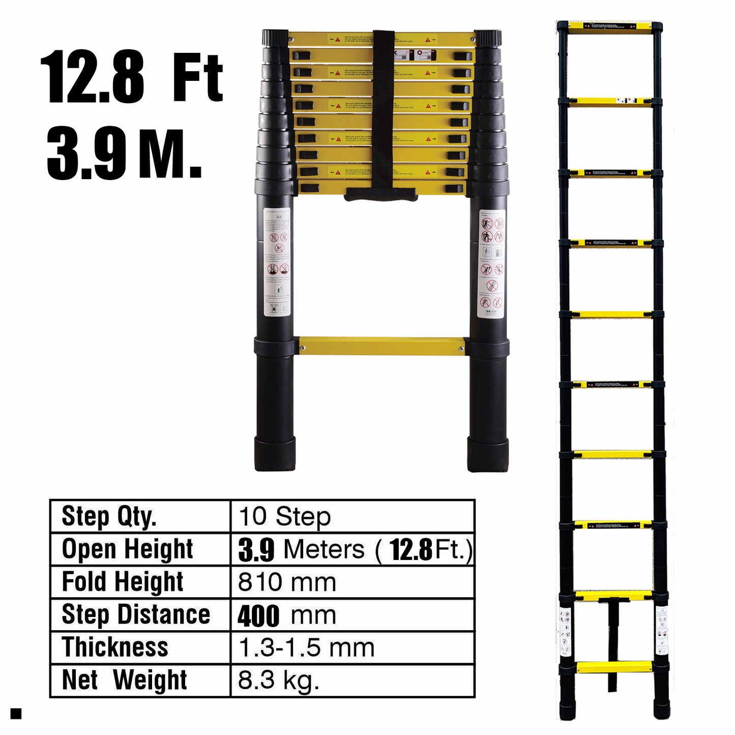 3.9M Single Telescopic Ladders(Black With Yellow)
