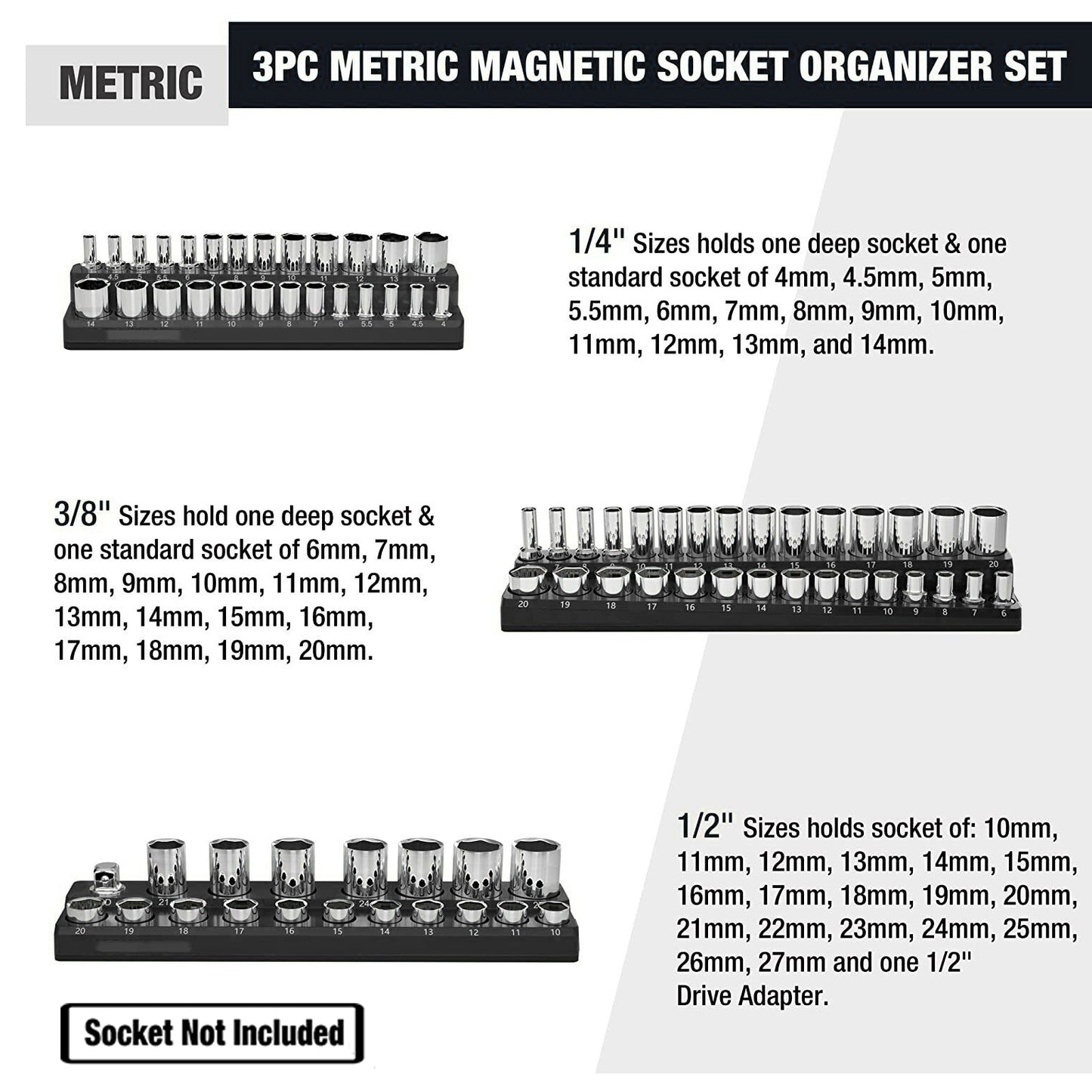 Magnetic Socket Organizer Set 3PC Socket Holder Set 1/4"3/8"&1/2"Drive