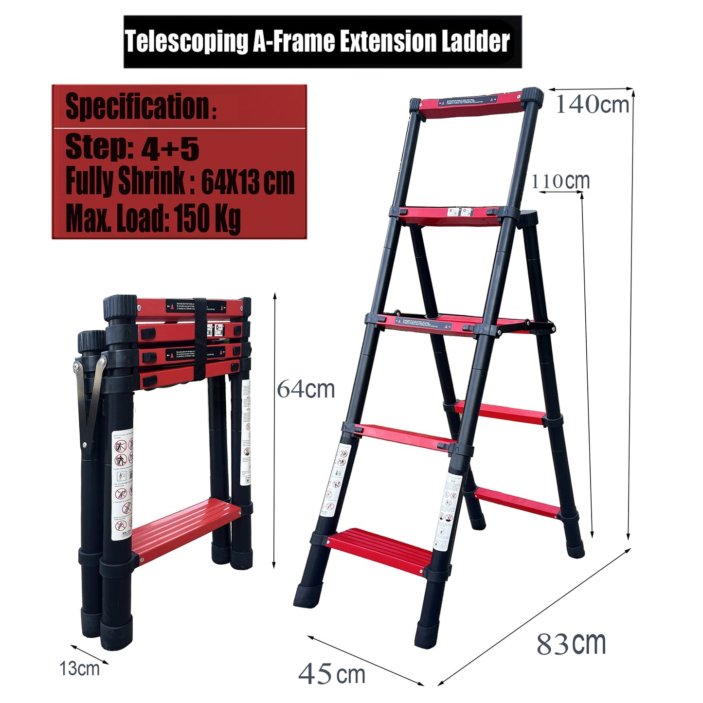 1.4M 4+5Step Double Side Telescopic Ladder (Black With Red)