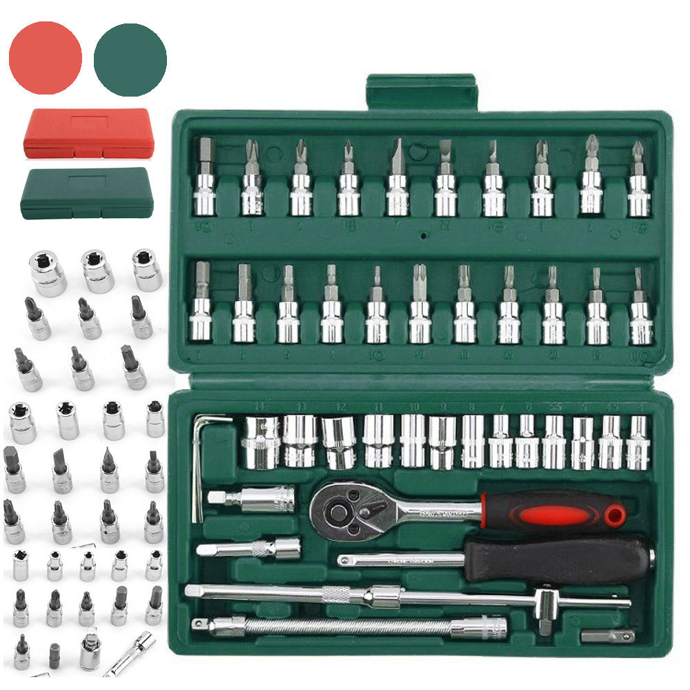 46pcs 1/4" Drive Socket Set Ratchet Screwdriver Bit With Case Garage Repair Tool