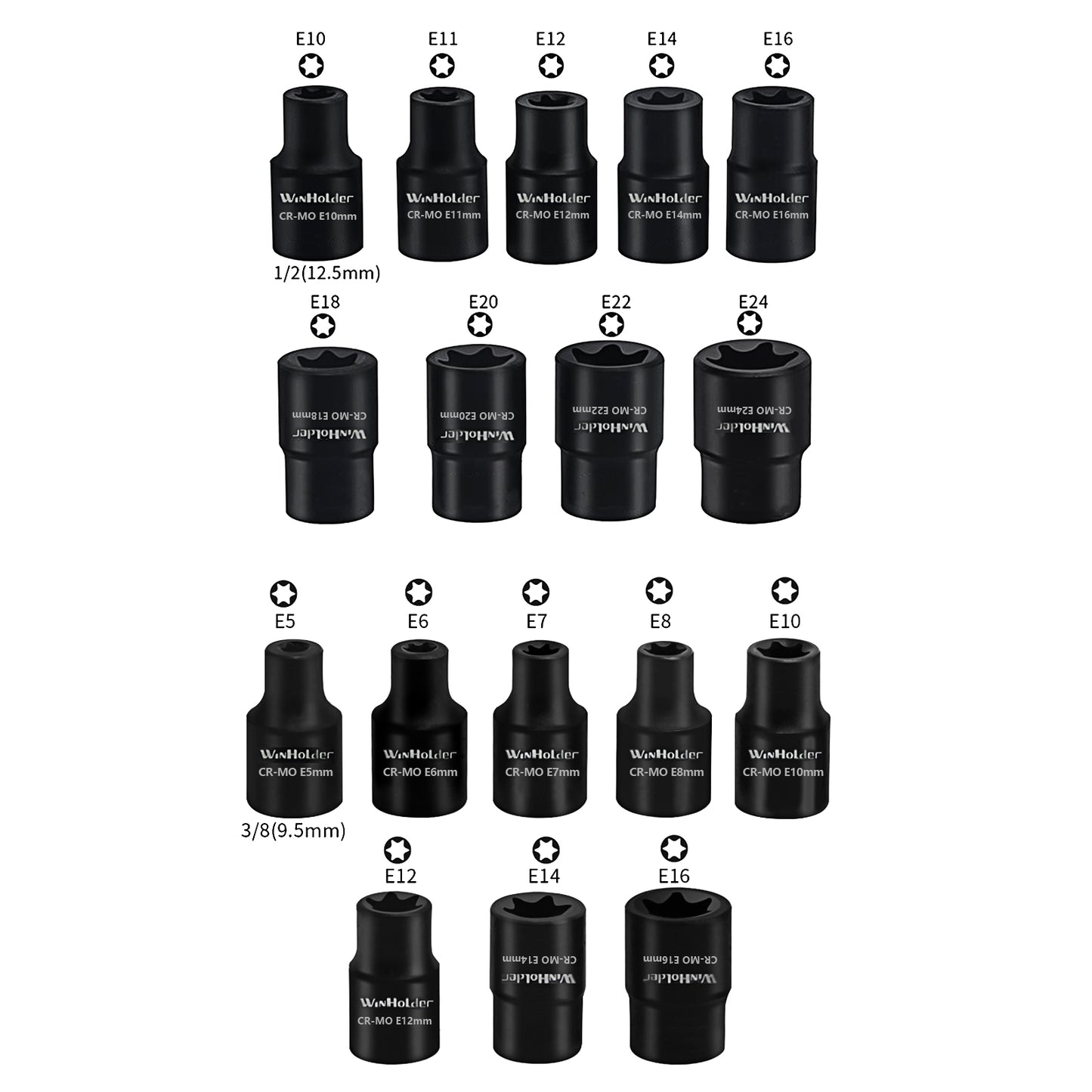 17pc 3/8" & 1/2" dr Impact E-Torx Socket Set E5 to E24
