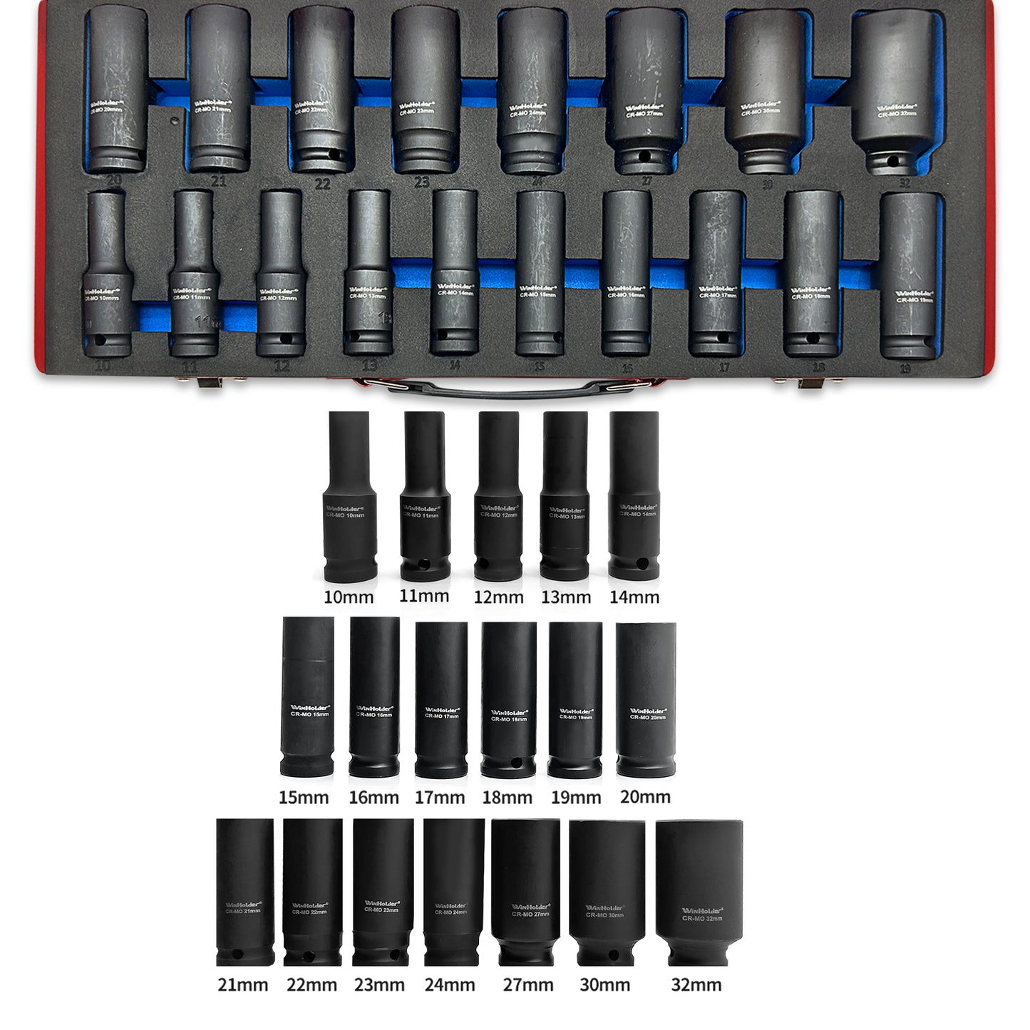 18pcs DEEP IMPACT SOCKET Set 1/2" Drive 10mm - 32mm 6pt Hex Long Reach Sockets Metal Case