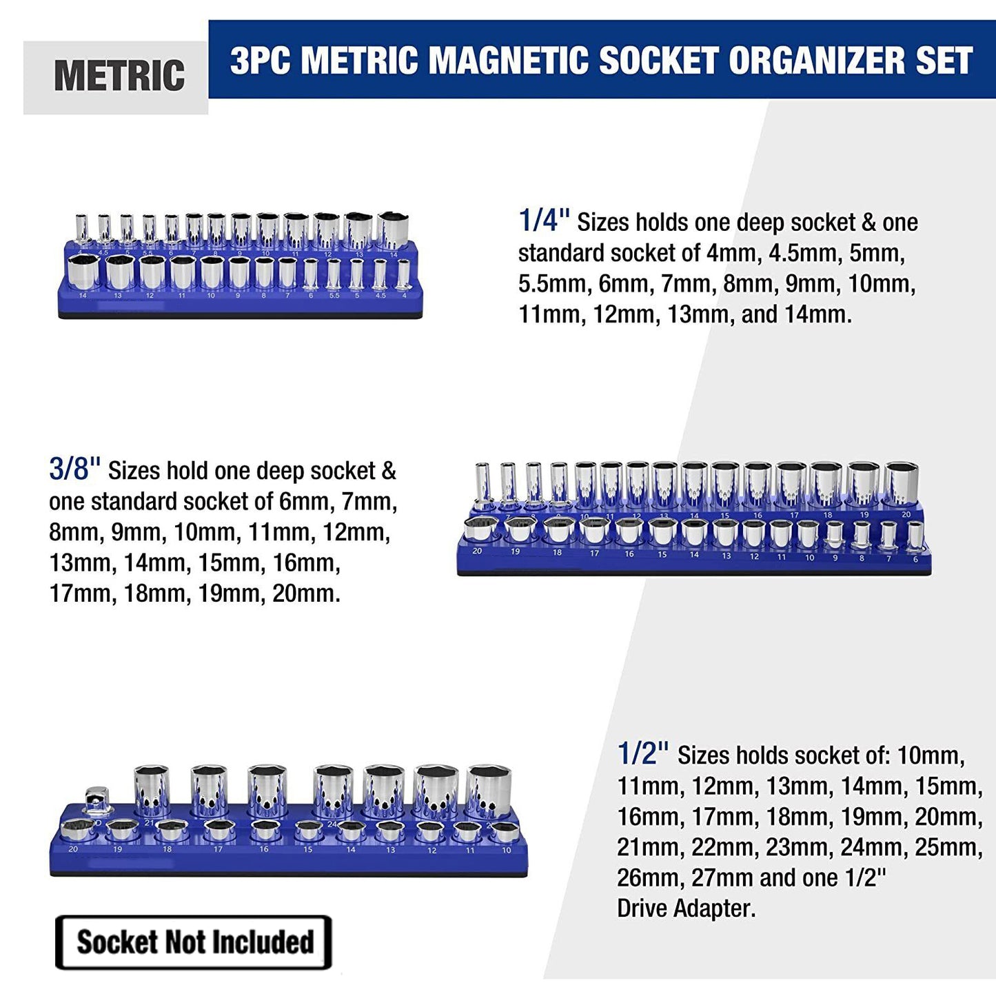 Magnetic Socket Organizer Set 3PC Socket Holder Set 1/4"3/8"&1/2"Drive