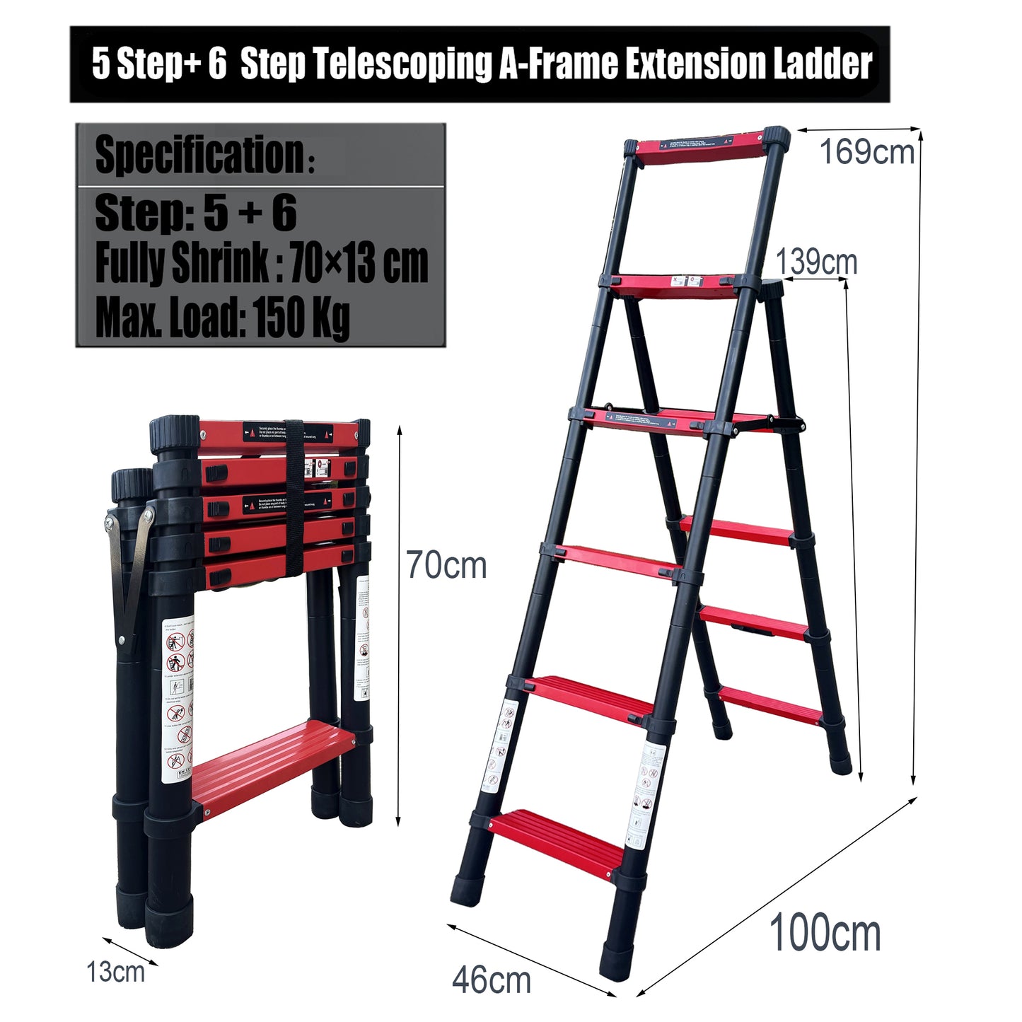 5+6 Step Double Side Telescopic Ladder (Black With Red)