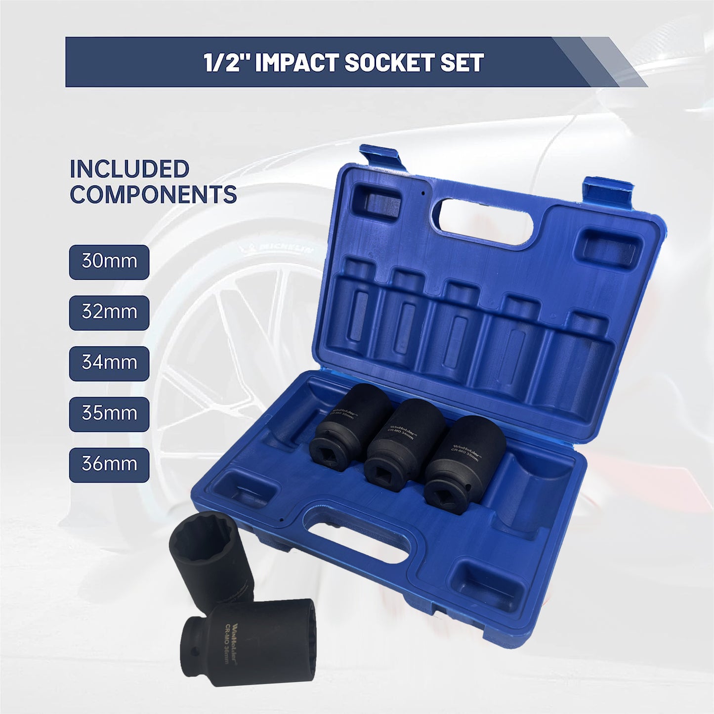 12 Point Axle Hub Nut DEEP IMPACT Socket Set 1/2"Dr Thin Wall Drive Shaft Socket