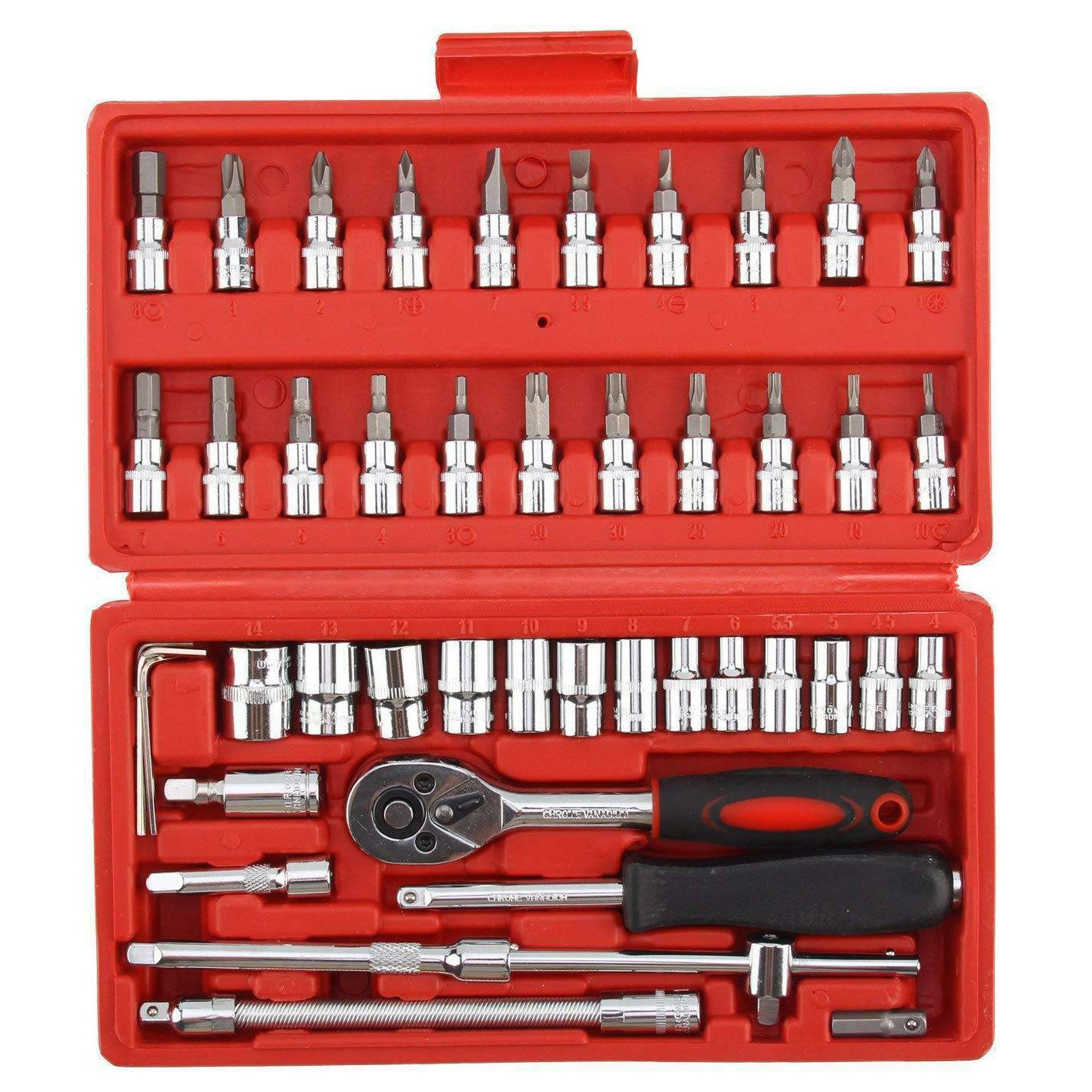 46pcs 1/4" Drive Socket Set Ratchet Screwdriver Bit With Case Garage Repair Tool