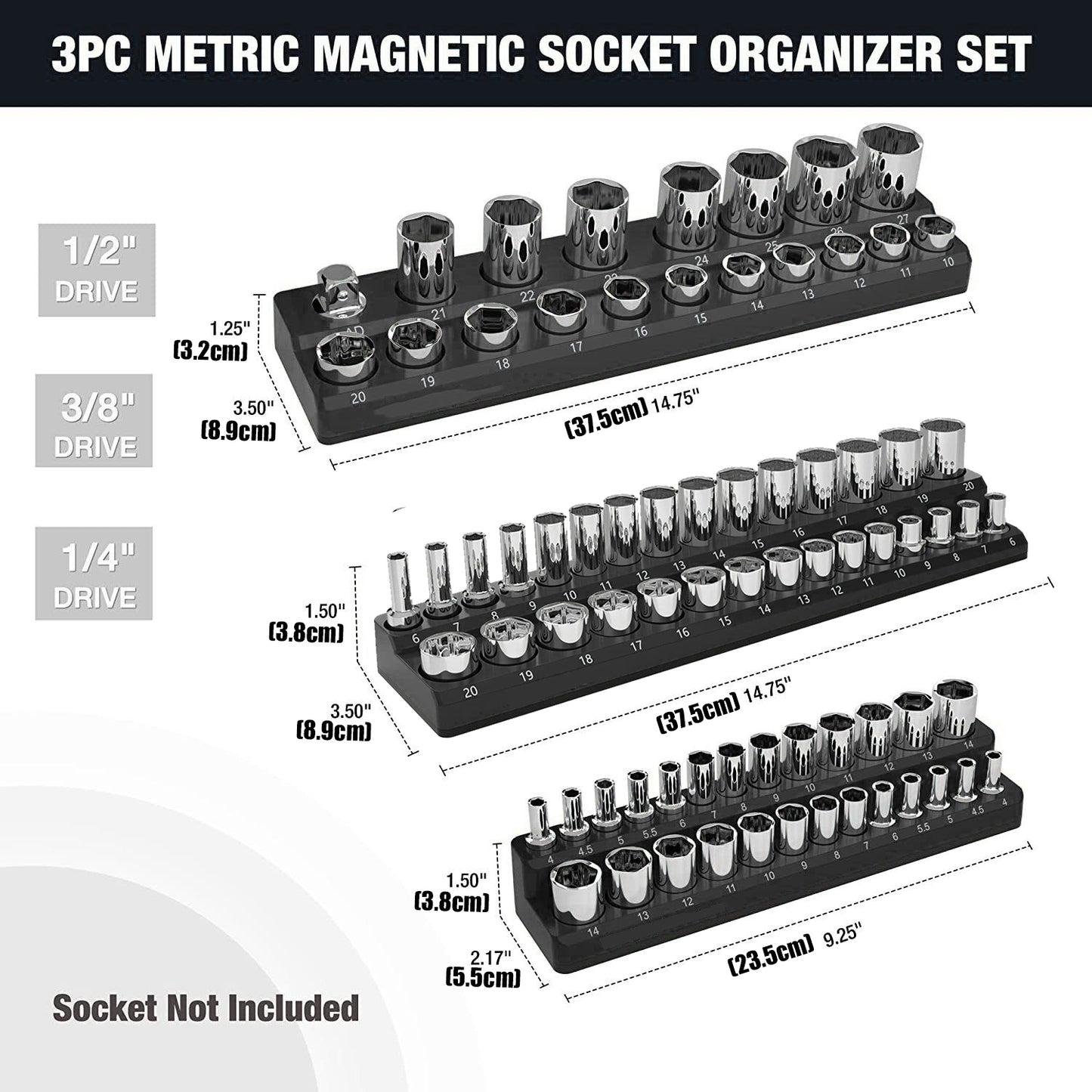Magnetic Socket Organizer Set 3PC Socket Holder Set 1/4"3/8"&1/2"Drive