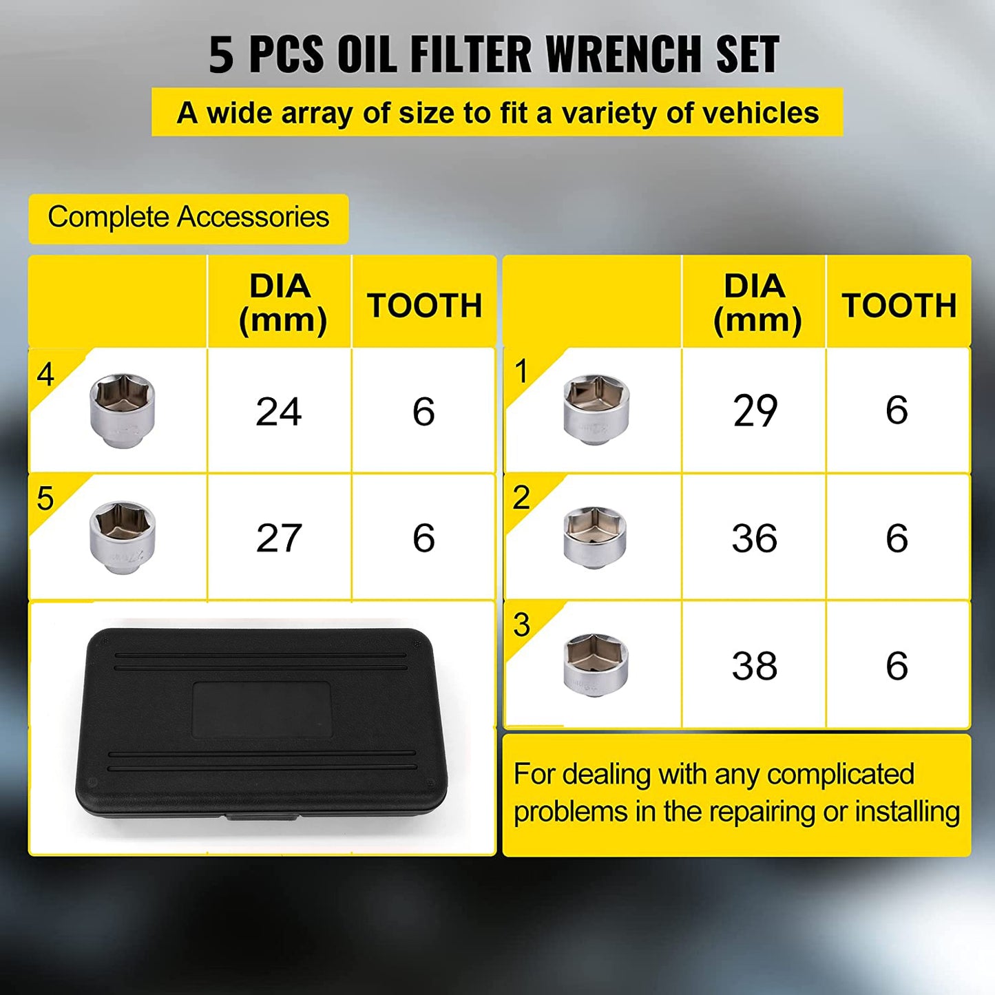 Oil Filter Socket Set 3/8" Dr 5 Pc 24 27 29 36 38mm Wrench Removal Tool