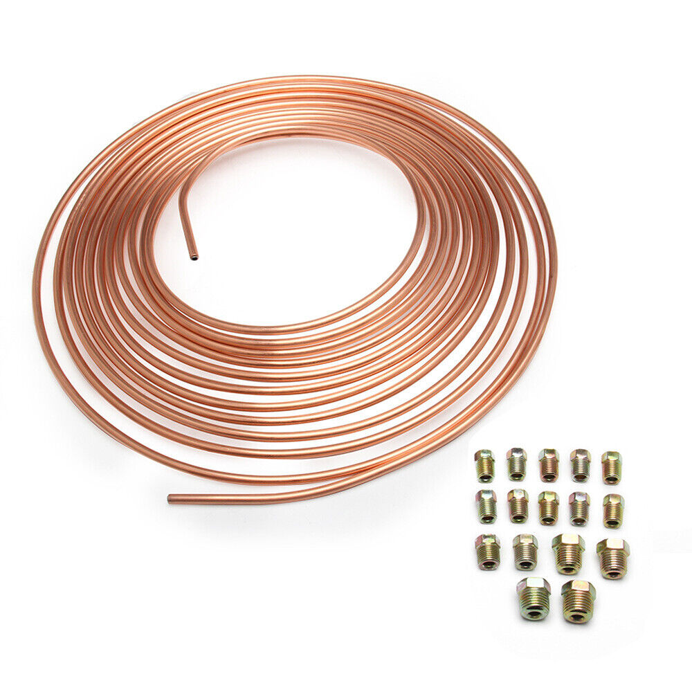 25ft Galvanized Copper Brake Pipe Hose Line Tube Roll 3/16'' Fittings Tubing Kit