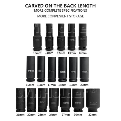 DEEP IMPACT SOCKET Set 1/2" Drive 10mm - 32mm 6pt Hex Long Reach Sockets 18pcs