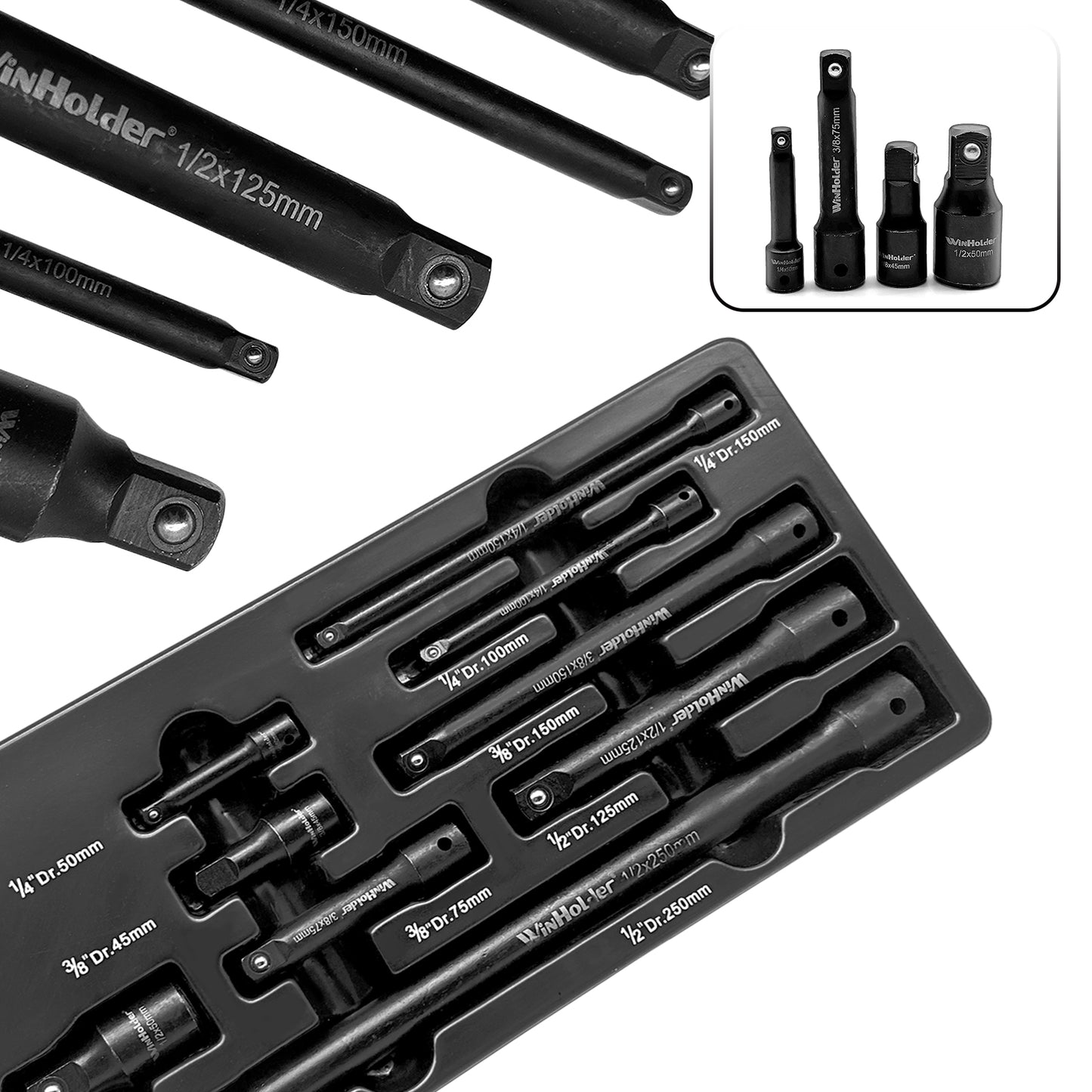 9pc 1/4" 3/8" 1/2" Impact Extension Bar Set