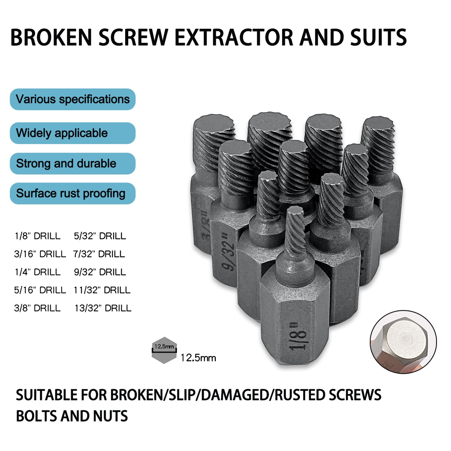 10pcs Screw Extractor Drill Bits Broken Damaged Bolt Stud Remover Set